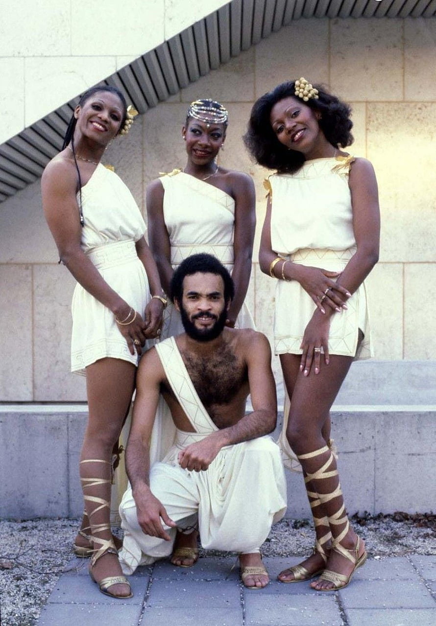Boney M. Band Members in White Greek-Style Costumes with Gold Accessories HD phone wallpaper