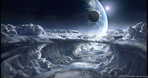 Mystical Cloud Tunnel Leading to a Distant Planet and Moon in Deep Space HD wallpaper