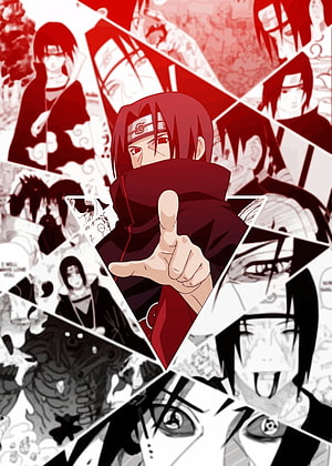 Itachi Uchiha Anime Character Artwork in Red and Black Collage Style HD phone wallpaper
