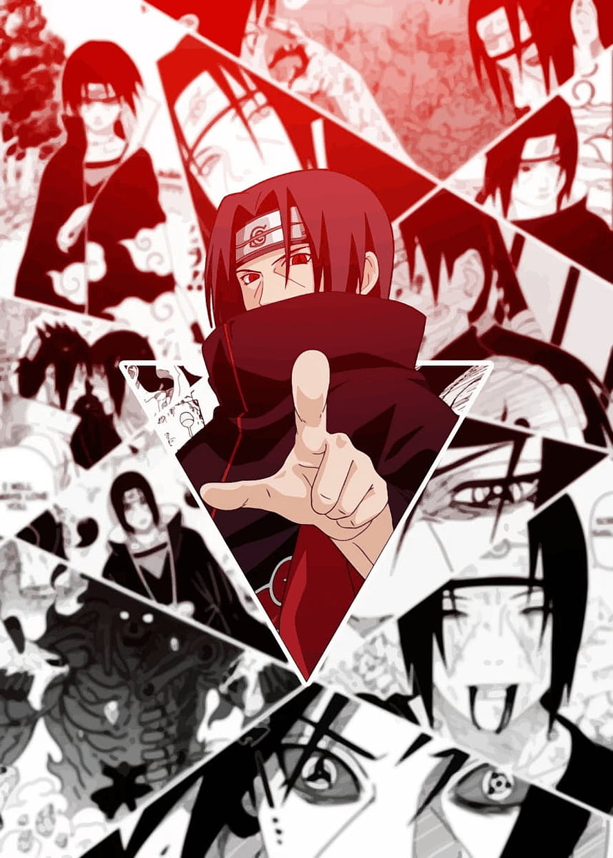Itachi Uchiha Anime Character Artwork in Red and Black Collage Style HD phone wallpaper
