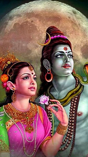 Shiva and Parvati Digital Art with Full Moon and Lotus HD phone wallpaper