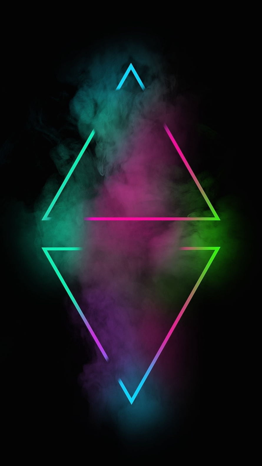 Neon Geometric Triangle Abstract Art with Colorful Smoke and Dark Background HD phone wallpaper