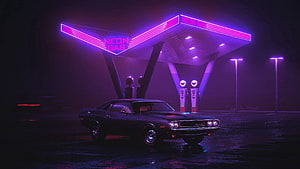 Dodge Challenger at Neon Gas Station in Cyberpunk Style HD wallpaper