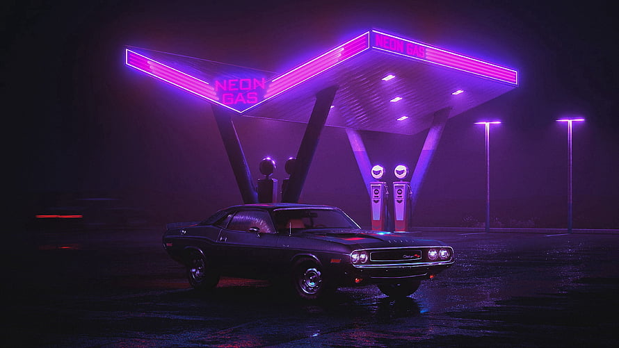 Dodge Challenger at Neon Gas Station in Cyberpunk Style HD wallpaper