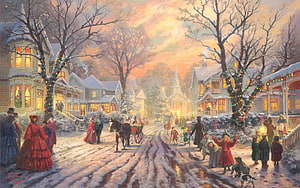 Victorian Christmas Street Scene with Horse Carriage and Festive Lights HD wallpaper