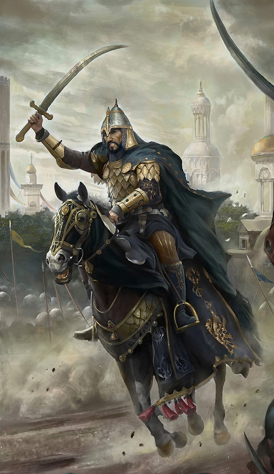 Medieval Knight on Horseback Charging into Battle with Scimitar HD phone wallpaper