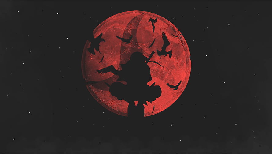 Silhouette of a Ninja Warrior Perched on a Cliff Against a Giant Red Moon with Crows HD wallpaper
