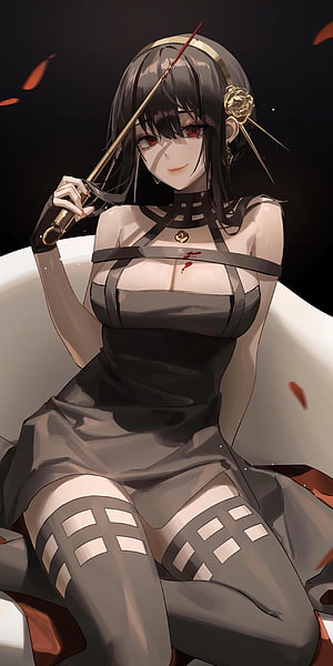 Yor Forger in Black Dress Holding a Needle with Red Eyes and Dark Hair HD phone wallpaper