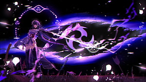 Raiden Shogun wielding Electro energy in a dynamic anime battle scene with purple lightning effects HD wallpaper