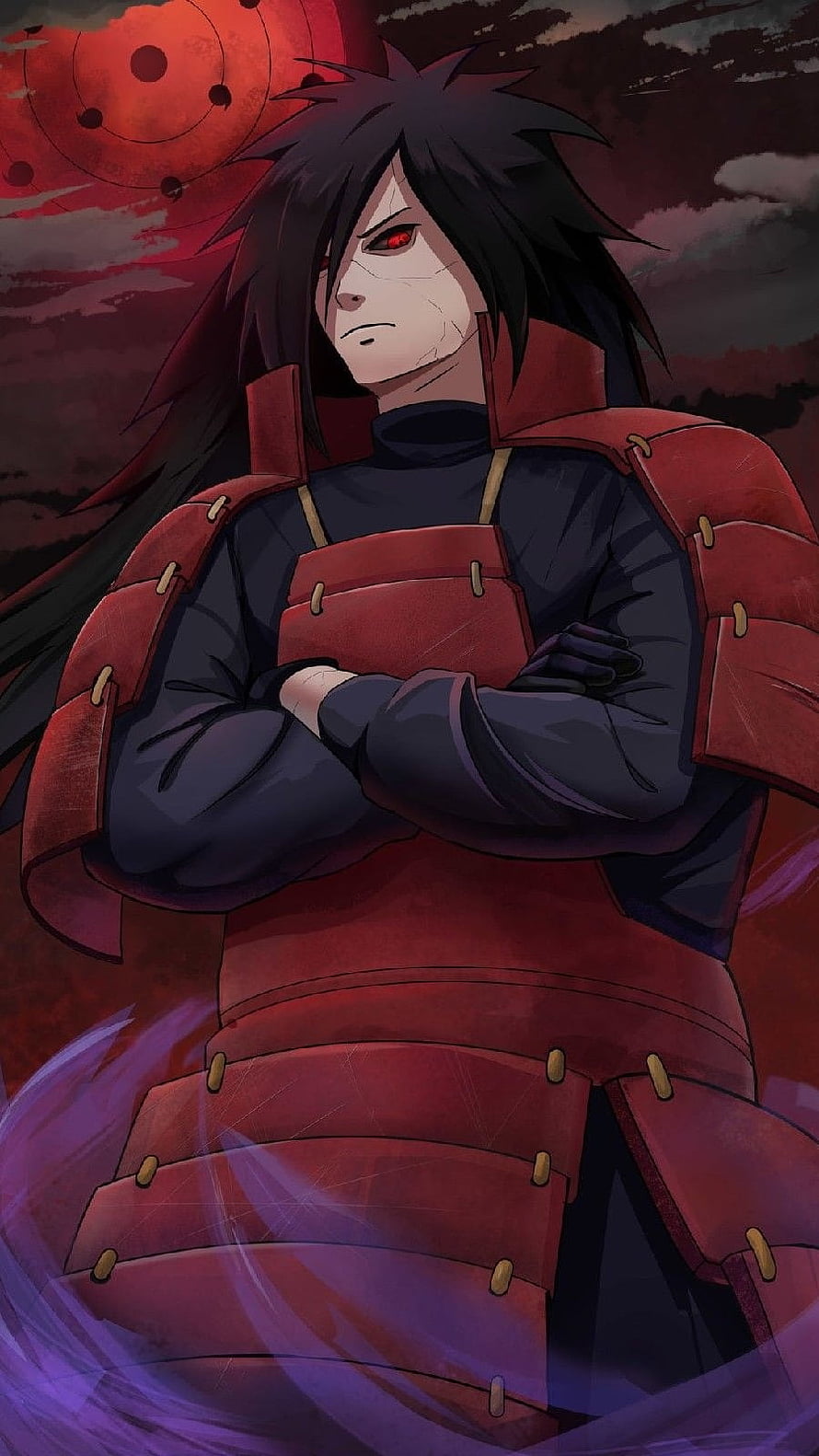 Madara Uchiha Anime Character Artwork in Red Armor with Rinnegan Eyes HD phone wallpaper