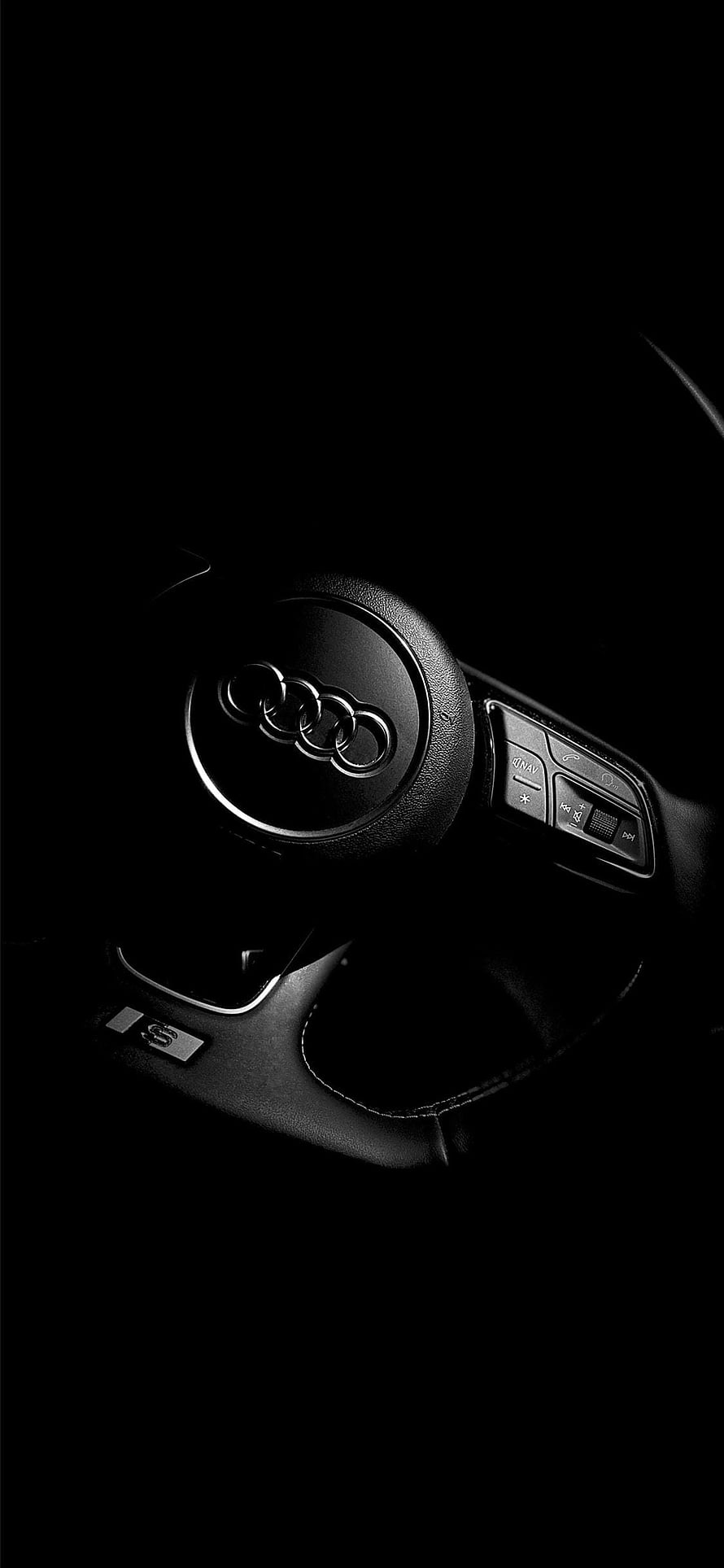 Audi S Line Steering Wheel Close-Up in Dramatic Black and White Lighting HD phone wallpaper