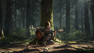 Ellie Playing Acoustic Guitar in a Misty Forest from The Last of Us Part II HD wallpaper