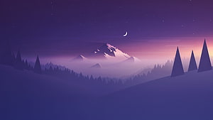 Purple Mountain Landscape With Crescent Moon And Pine Trees HD wallpaper