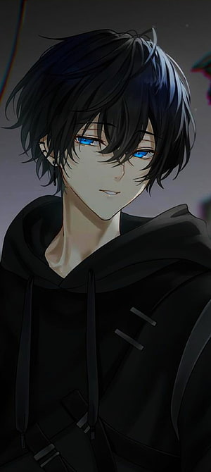 Anime Boy With Black Hair And Blue Eyes Wearing A Black Hoodie HD phone wallpaper