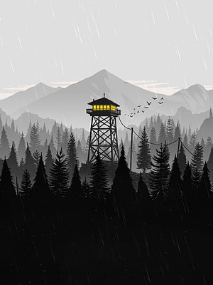 Firewatch Fire Tower in Rainy Pine Forest with Distant Mountains and Birds HD phone wallpaper