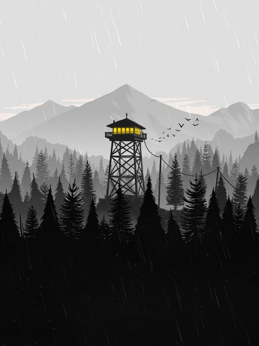 Firewatch Fire Tower in Rainy Pine Forest with Distant Mountains and Birds HD phone wallpaper