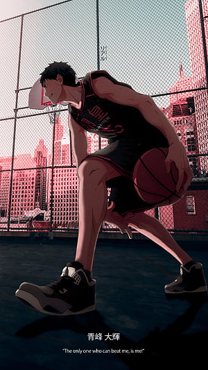 Aoh Daiki from Kuroko no Basket dribbling basketball on urban court HD phone wallpaper