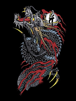 Traditional Japanese Irezumi Dragon Tattoo Design with Kanji and Pearl HD phone wallpaper