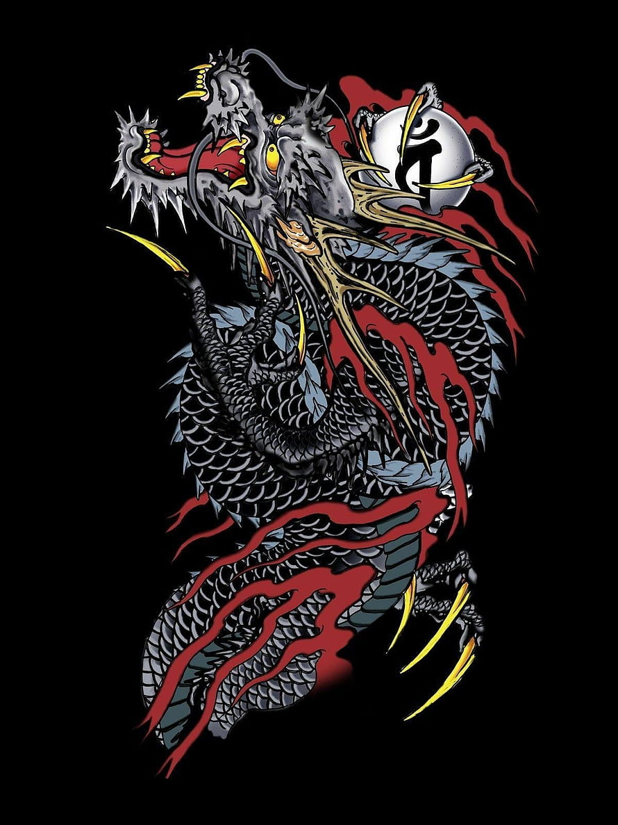 Traditional Japanese Irezumi Dragon Tattoo Design with Kanji and Pearl HD phone wallpaper