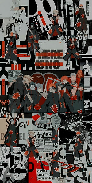 Naruto Akatsuki Members Collage with Black Red Clouds and Grunge Typography HD phone wallpaper