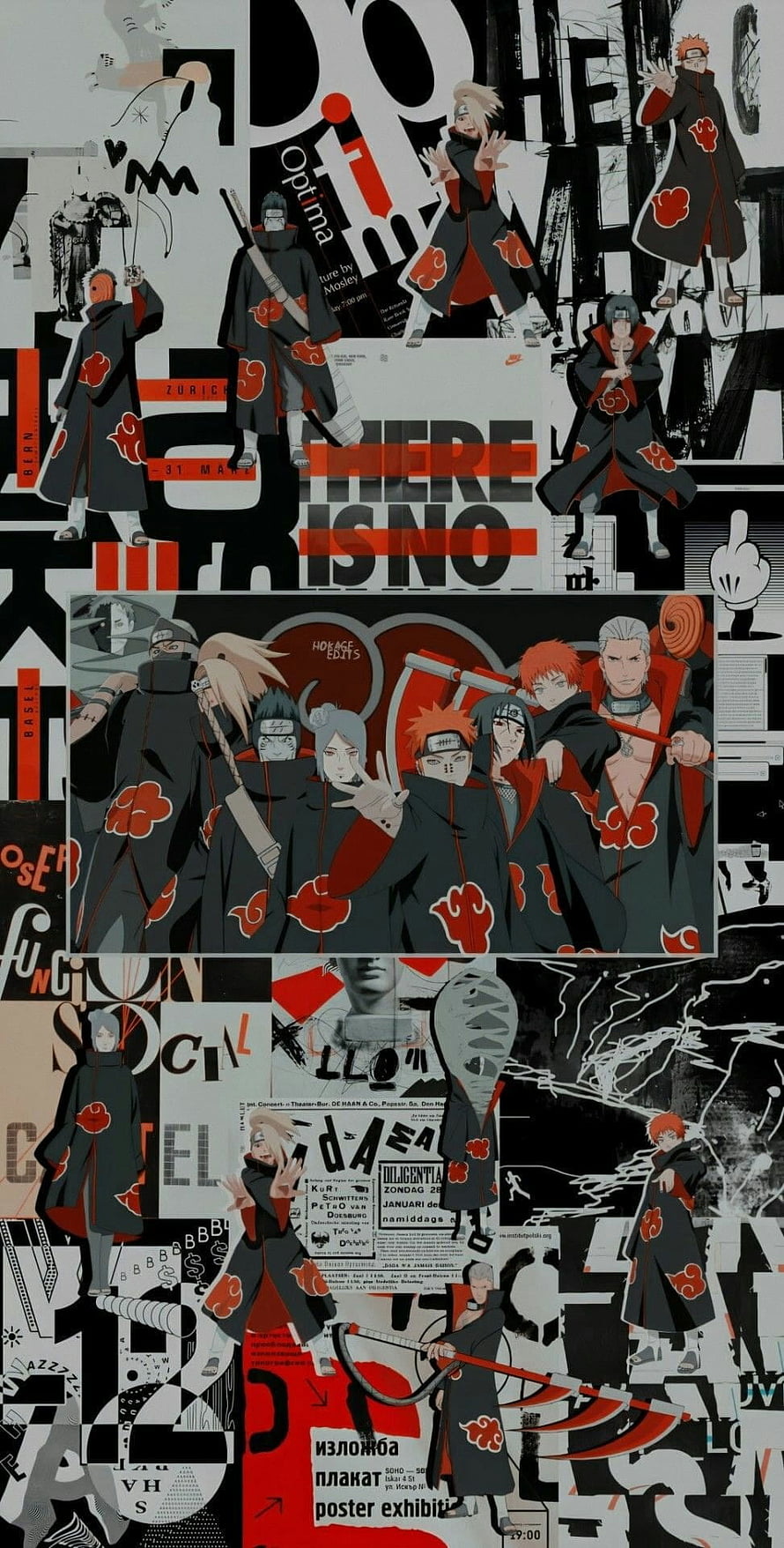 Naruto Akatsuki Members Collage with Black Red Clouds and Grunge Typography HD phone wallpaper