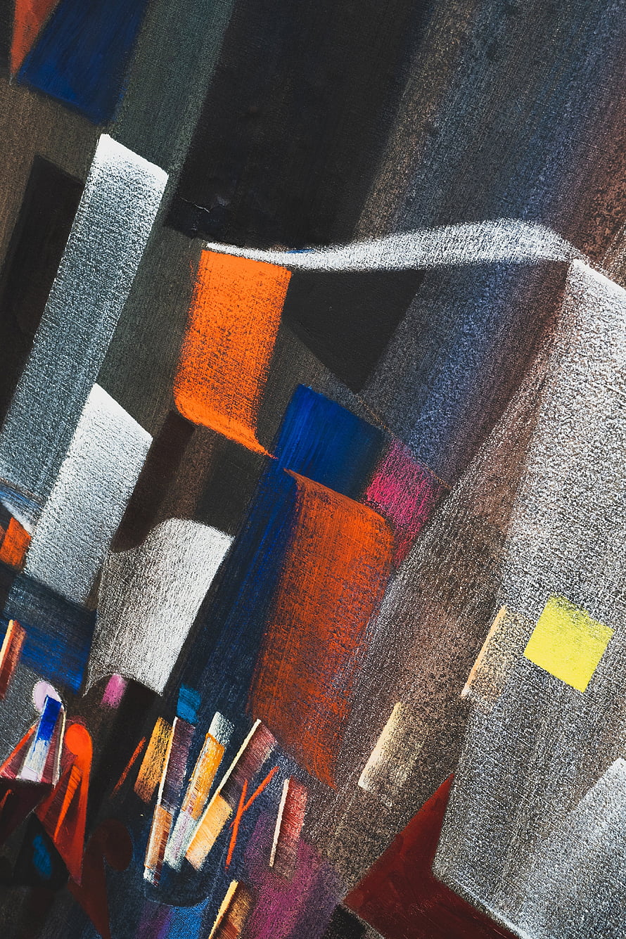 Abstract Geometric Composition with Bold Orange and Blue Brushstrokes on Dark Canvas HD phone wallpaper