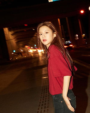 Go Yoon Jung Night Street Portrait in Red Top and Dark Jeans HD phone wallpaper
