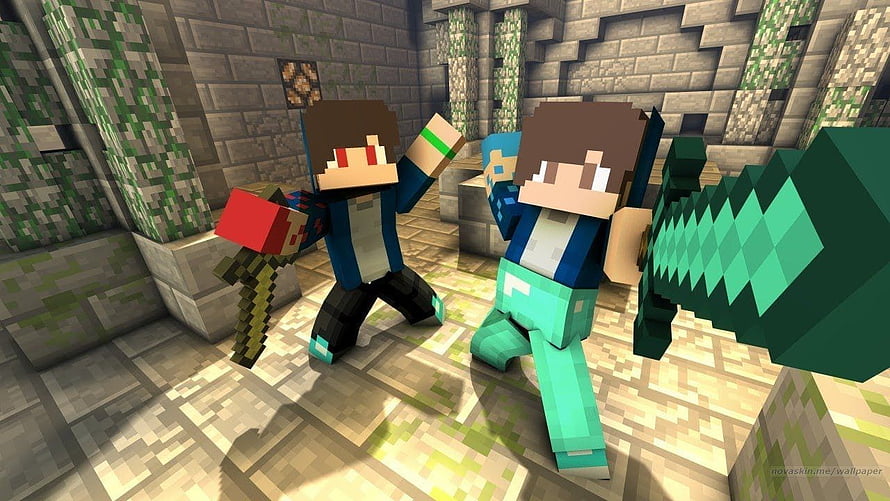Minecraft Bed Wars Skins: Two Blocky Characters in a Mossy Stone Dungeon HD wallpaper