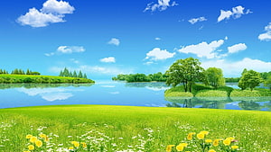 Serene Summer Lake Landscape With Green Meadows, Wildflowers, And Blue Sky HD wallpaper