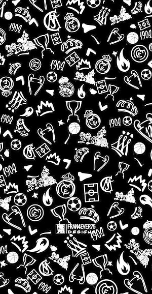 Real Madrid CF Black and White Pattern Wallpaper with Trophies and Logos HD phone wallpaper