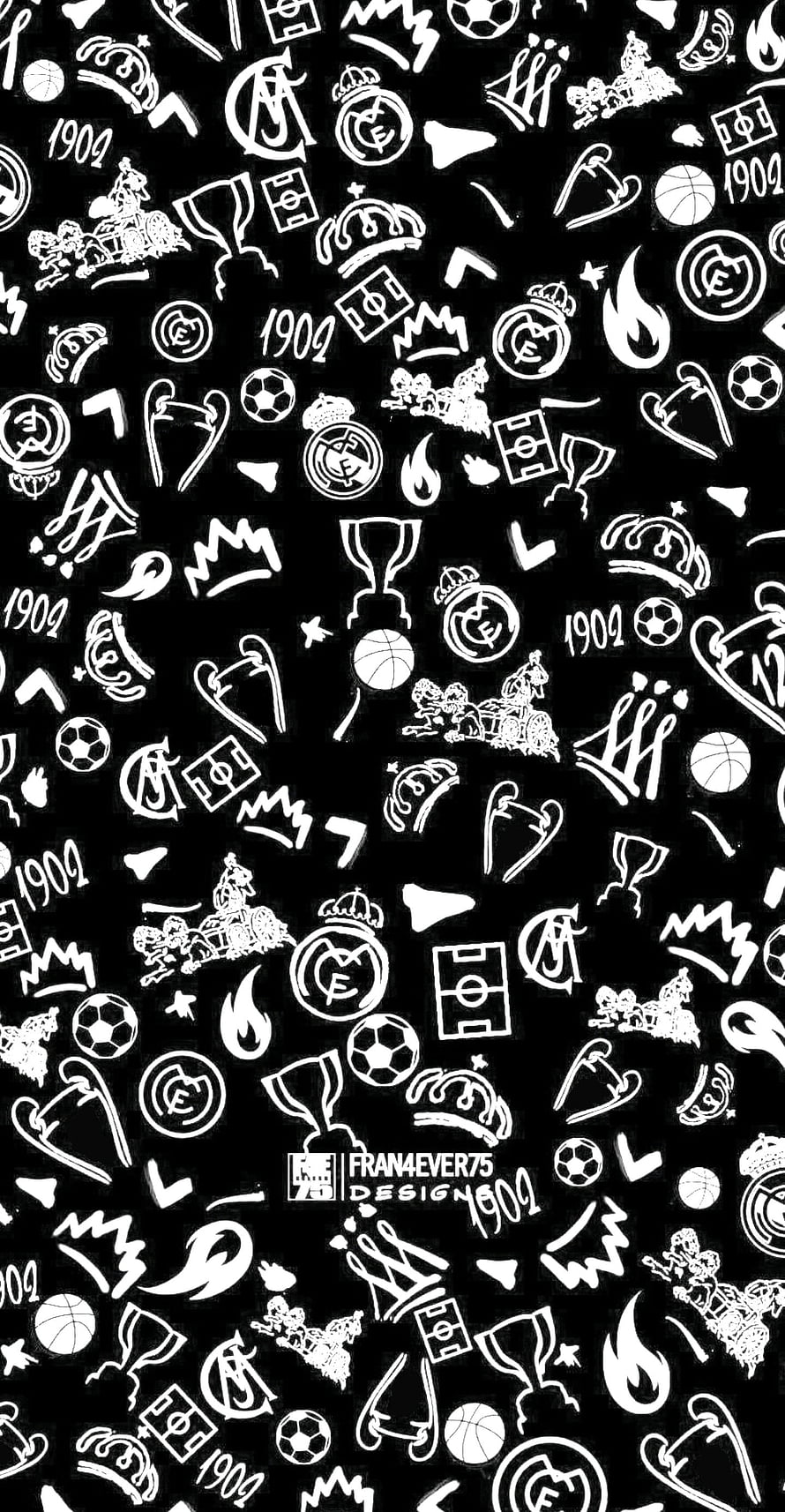 Real Madrid CF Black and White Pattern Wallpaper with Trophies and Logos HD phone wallpaper