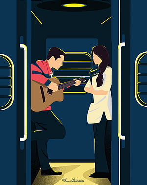 Romantic Illustration of Man Playing Guitar for Girl on Train, Animated love, Vaaranam Aayiram HD phone wallpaper