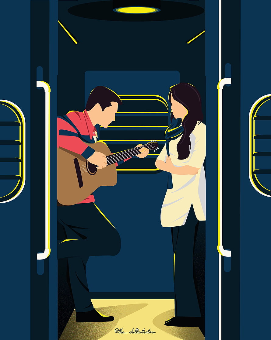 Romantic Illustration of Man Playing Guitar for Girl on Train, Animated love, Vaaranam Aayiram HD phone wallpaper