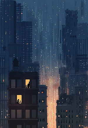 Silhouetted Figures in a Warmly Lit Window Above a Dusk Cityscape HD phone wallpaper