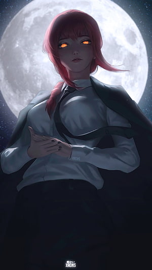 Makima from Chainsaw Man anime character portrait with glowing orange eyes and red hair against a full moon background, Makima, xaons, waifu, denki, power, waifus, Chainsaw Man, anime HD phone wallpaper