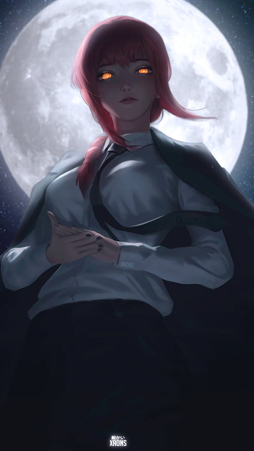 Makima from Chainsaw Man anime character portrait with glowing orange eyes and red hair against a full moon background, Makima, xaons, waifu, denki, power, waifus, Chainsaw Man, anime HD phone wallpaper