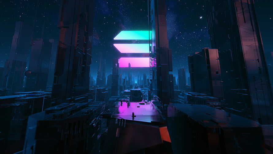 Futuristic Cyberpunk Cityscape with Neon Lights and Starry Night Sky HD wallpaper