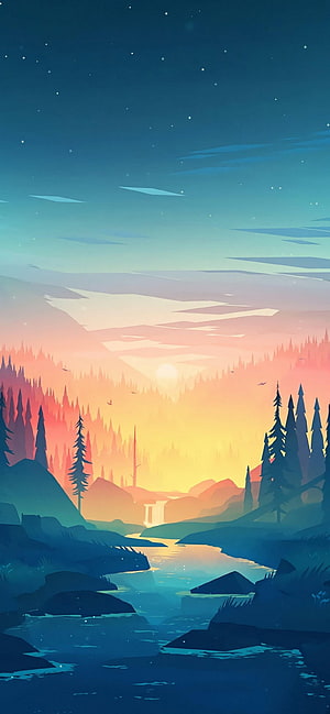 Serene Digital Art Landscape With Sunset Over Pine Forest And River HD phone wallpaper