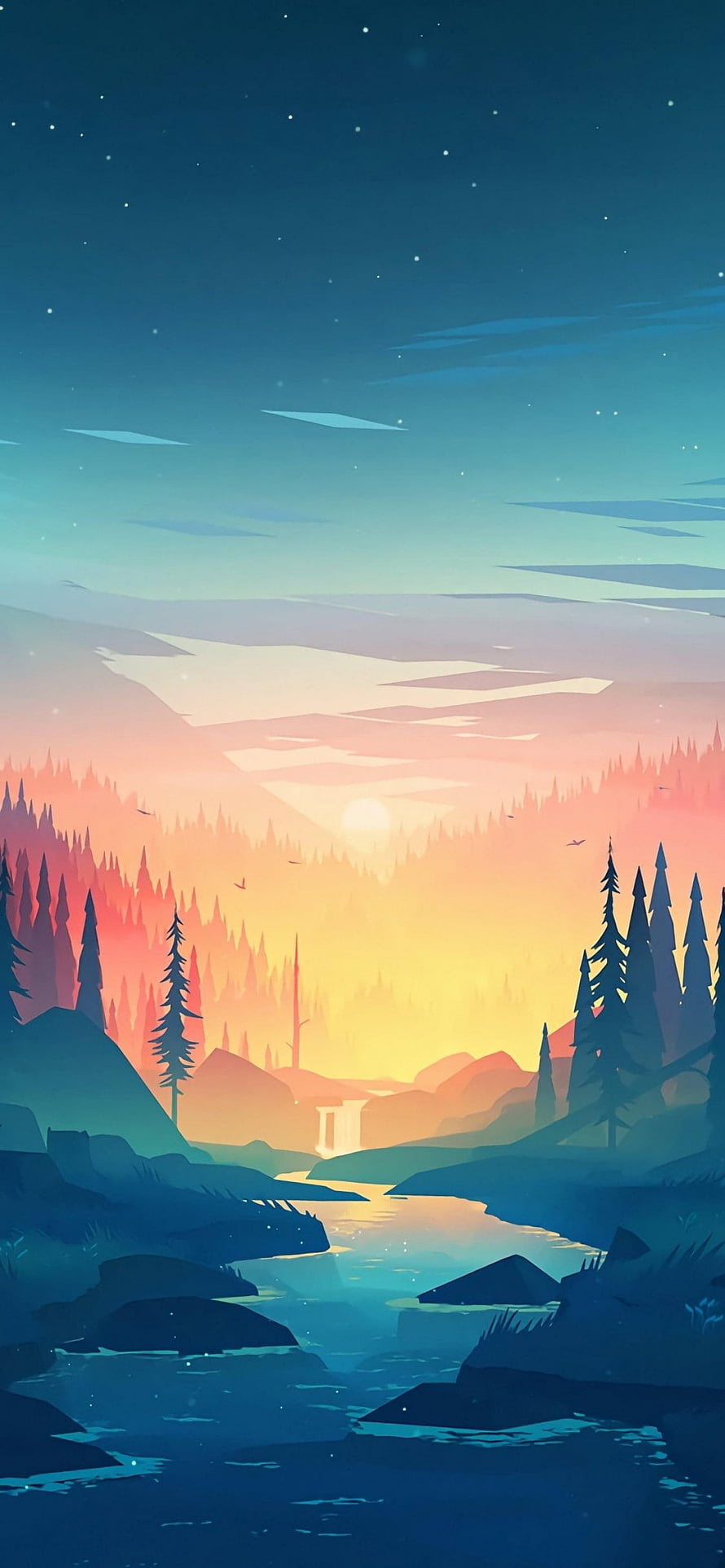 Serene Digital Art Landscape With Sunset Over Pine Forest And River HD phone wallpaper
