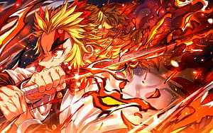Kyojuro Rengoku Wielding Nichirin Sword in Fiery Flame Breathing Attack HD wallpaper