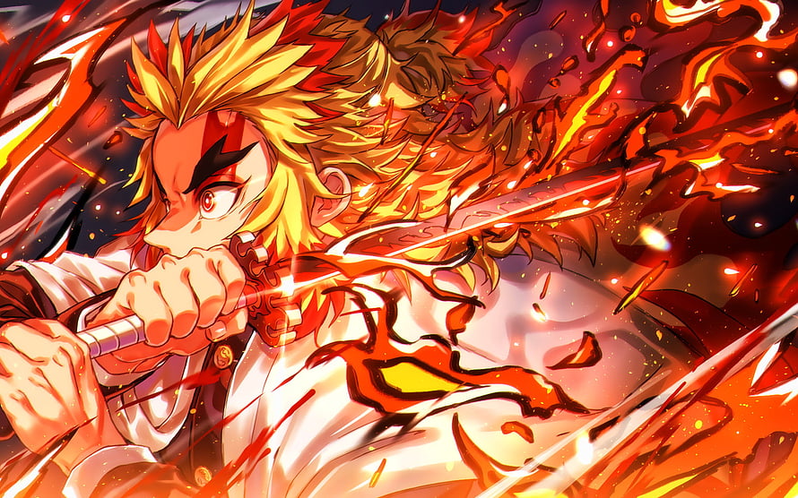 Kyojuro Rengoku Wielding Nichirin Sword in Fiery Flame Breathing Attack HD wallpaper