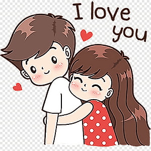 Cute cartoon couple hugging with i love you text and red hearts on transparent background HD phone wallpaper
