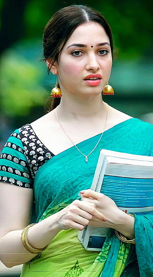 Tamannaah Bhatia in a Green Saree Holding Books, Tamanna Bhatia, graph HD phone wallpaper