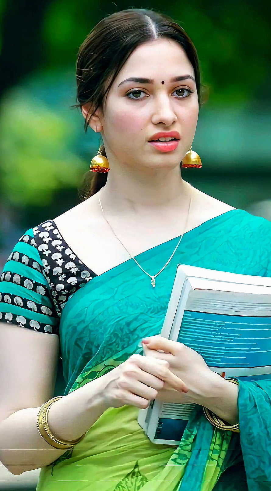 Tamannaah Bhatia in a Green Saree Holding Books, Tamanna Bhatia, graph HD phone wallpaper