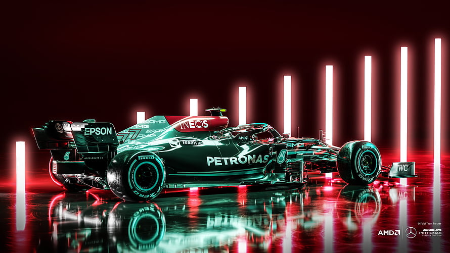 Mercedes AMG Petronas F1 W12 E Performance Car in Neon Red and Teal Studio Setting HD wallpaper