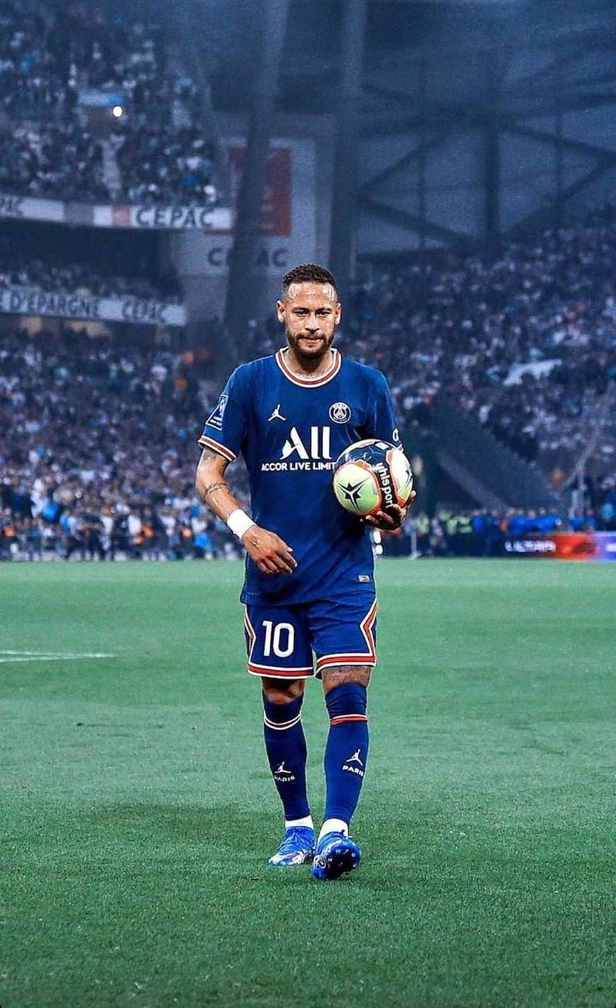 Neymar in Paris Saint-Germain Home Kit Holding Ball on the Pitch HD phone wallpaper