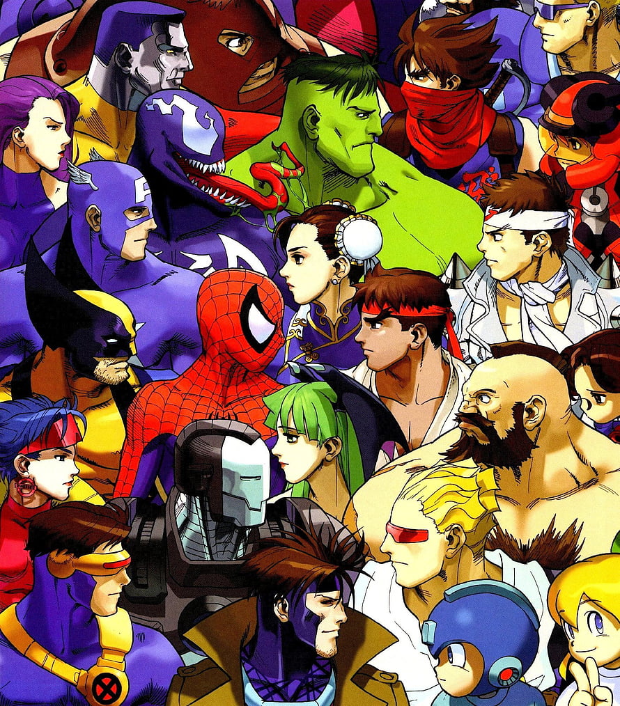 Marvel vs. Capcom crossover cast featuring Spider-Man, Hulk, and Street Fighter characters in anime style HD phone wallpaper