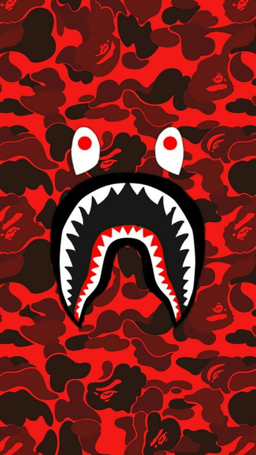 BAPE Shark Face Logo on Red Camouflage Pattern Graphic Design HD phone wallpaper