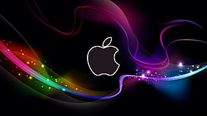 Apple Logo Centered on Black Background with Vibrant Neon Light Trails and Colorful Particle Effects HD wallpaper