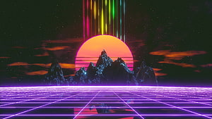 Neon Synthwave Sunset Over Rocky Mountains with Purple Grid Floor and Laser Beams HD wallpaper